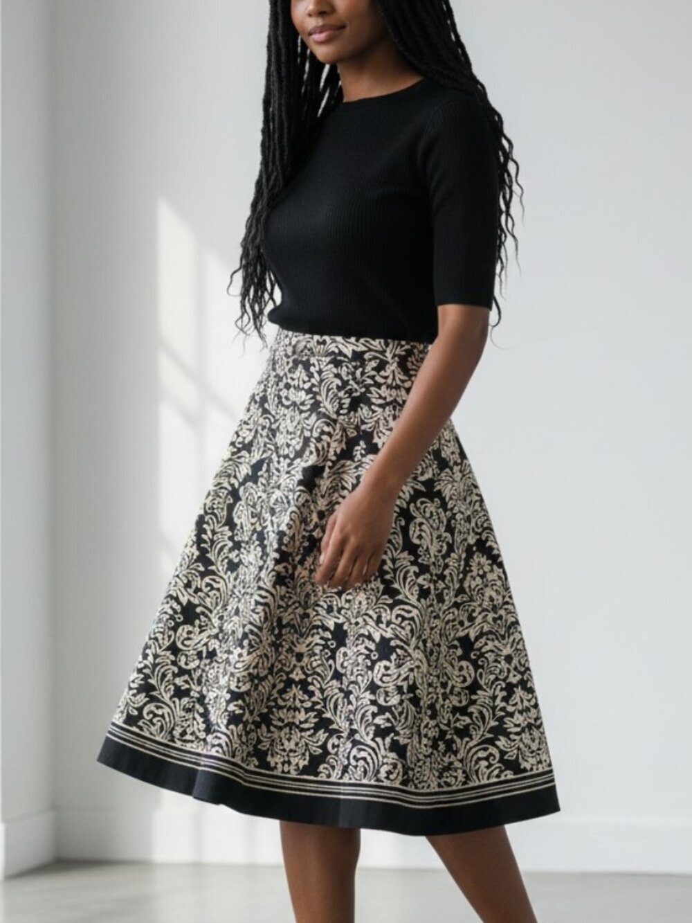 Vintage Robbie Bee skirt 8 black cream A-line cotton